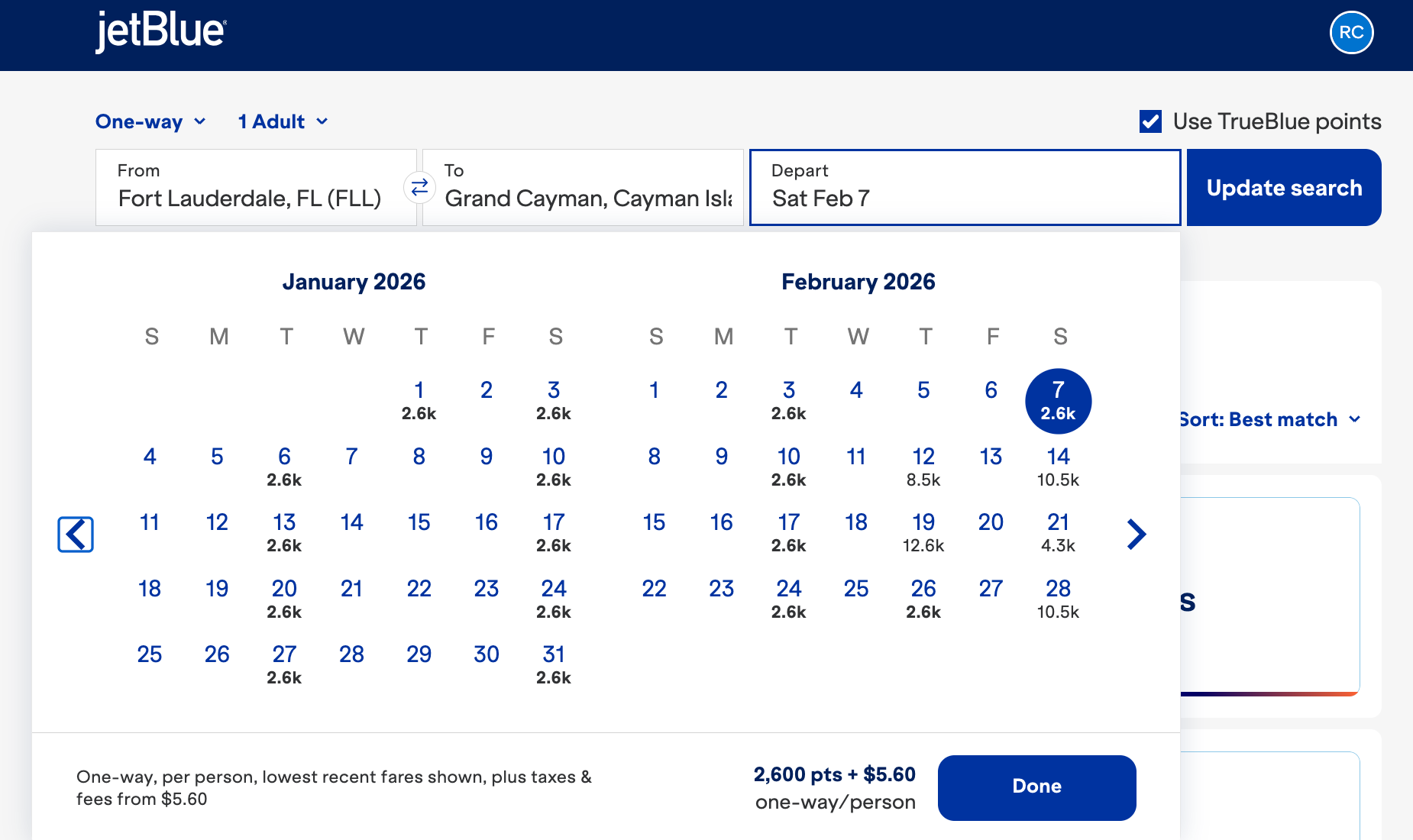 Jetblue FLL-GCM 2600 points calendar