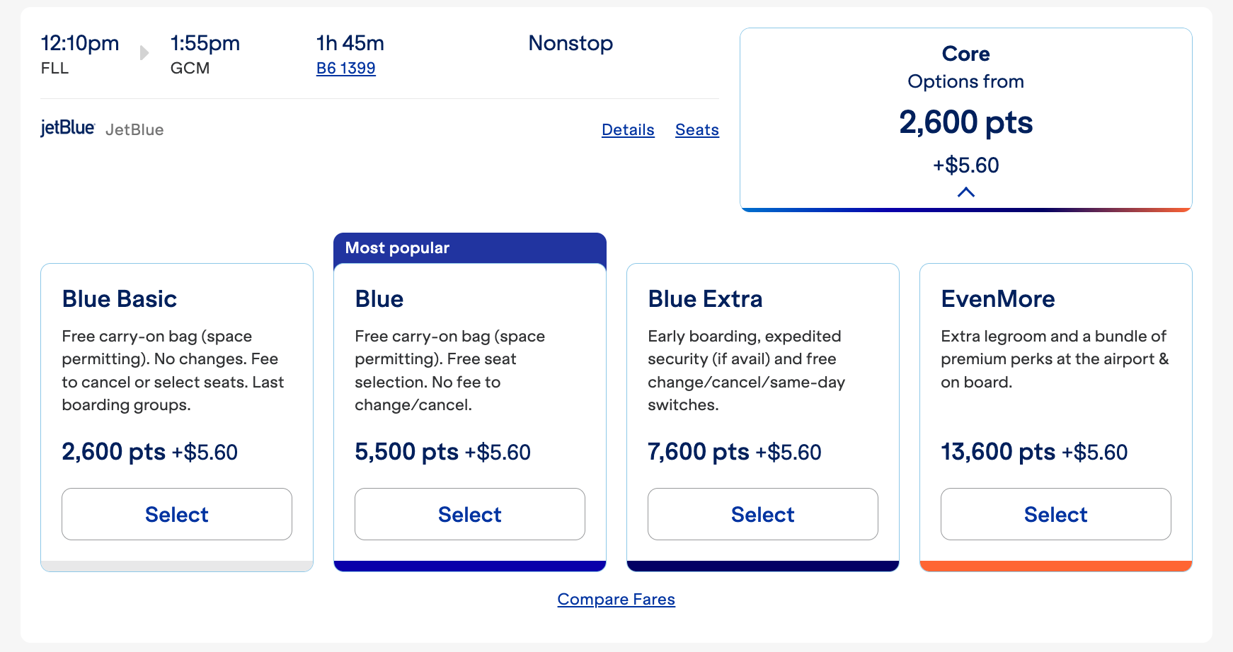 Jetblue FLL-GCM 2600 points fares