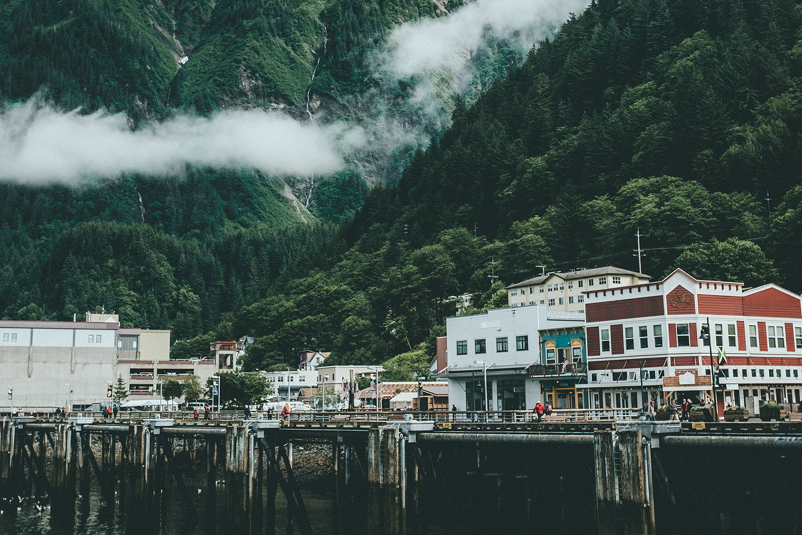 Downtown Juneau on a foggy morning in Alaska.