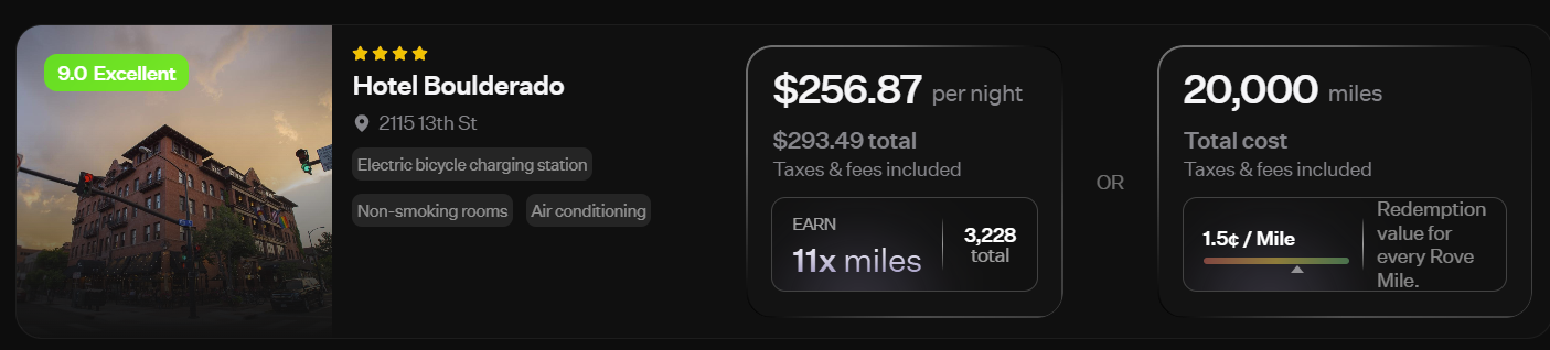 Rove Hotel Boulderado rates in cash and miles