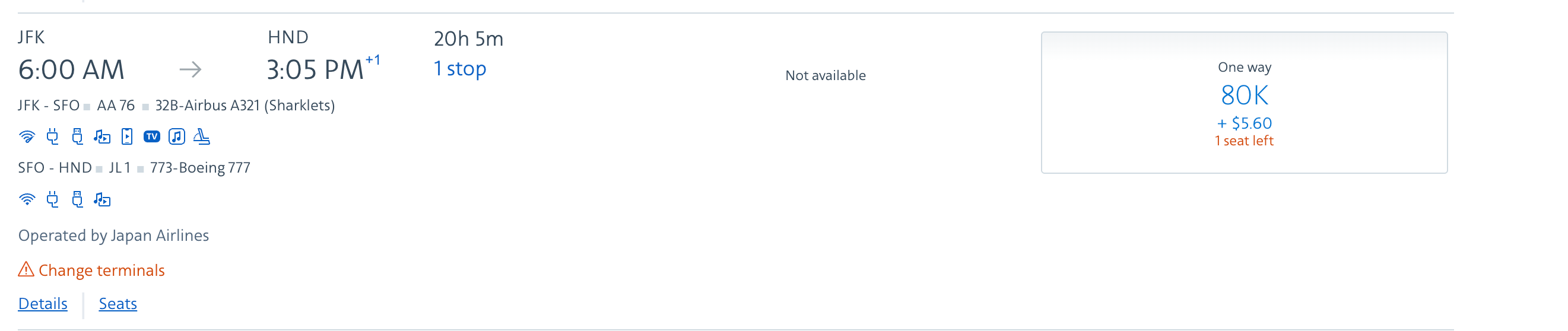 Award availability from New York to Tokyo for just 80,000 American Airlines AAdvantage miles plus $5.60.