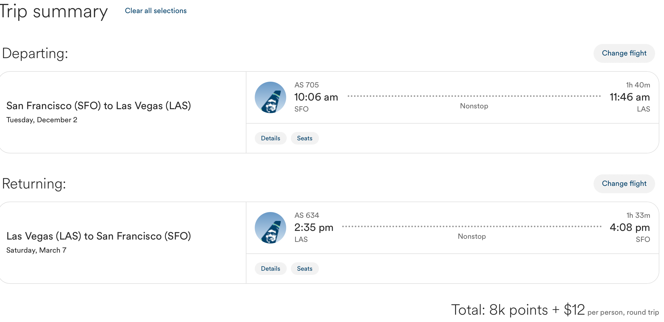 ALASKA AIRLINES booking page