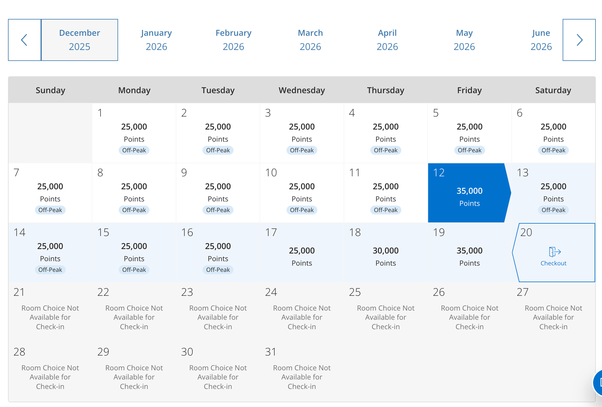Hyatt Points Calendar for Park Hyatt Marrakech.