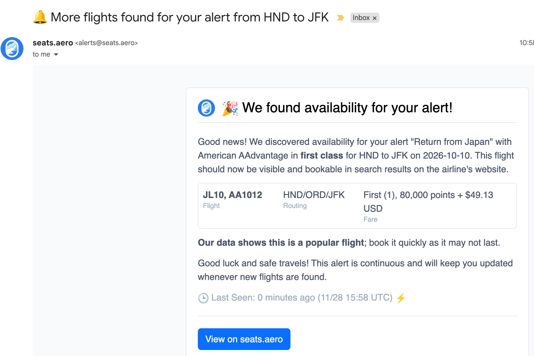 Seats.aero award alert to email.