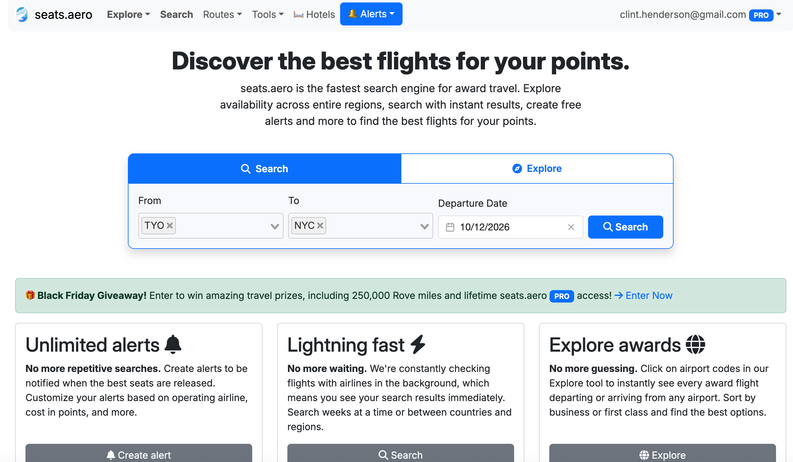 Seats.aero landing page.