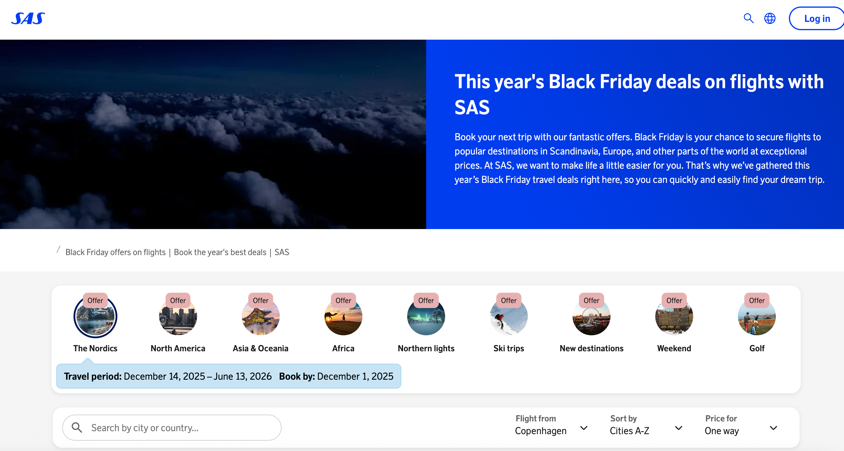 SAS (Scandinavian Airlines) Black Friday landing page.