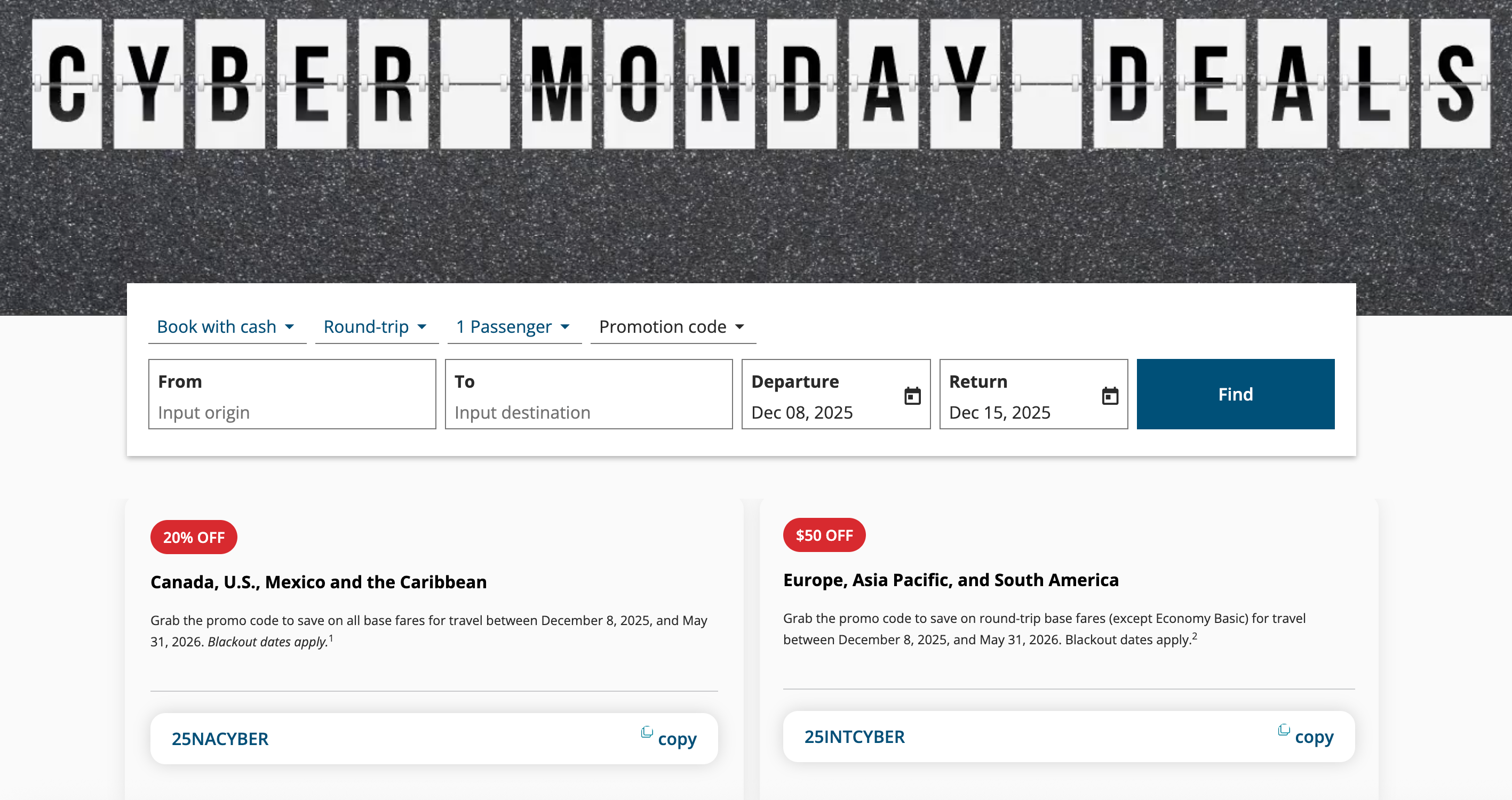 Air Canada Cyber Monday landing page.