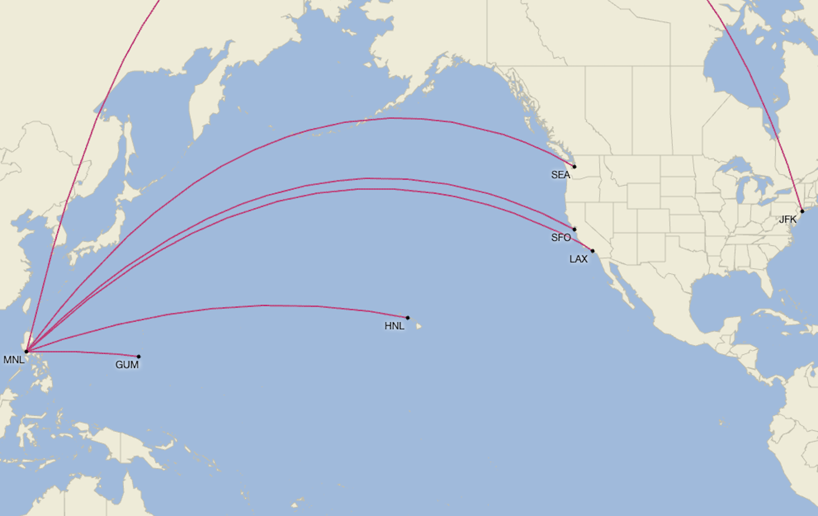 Philippine Airlines' U.S. route map as of November 2025. 