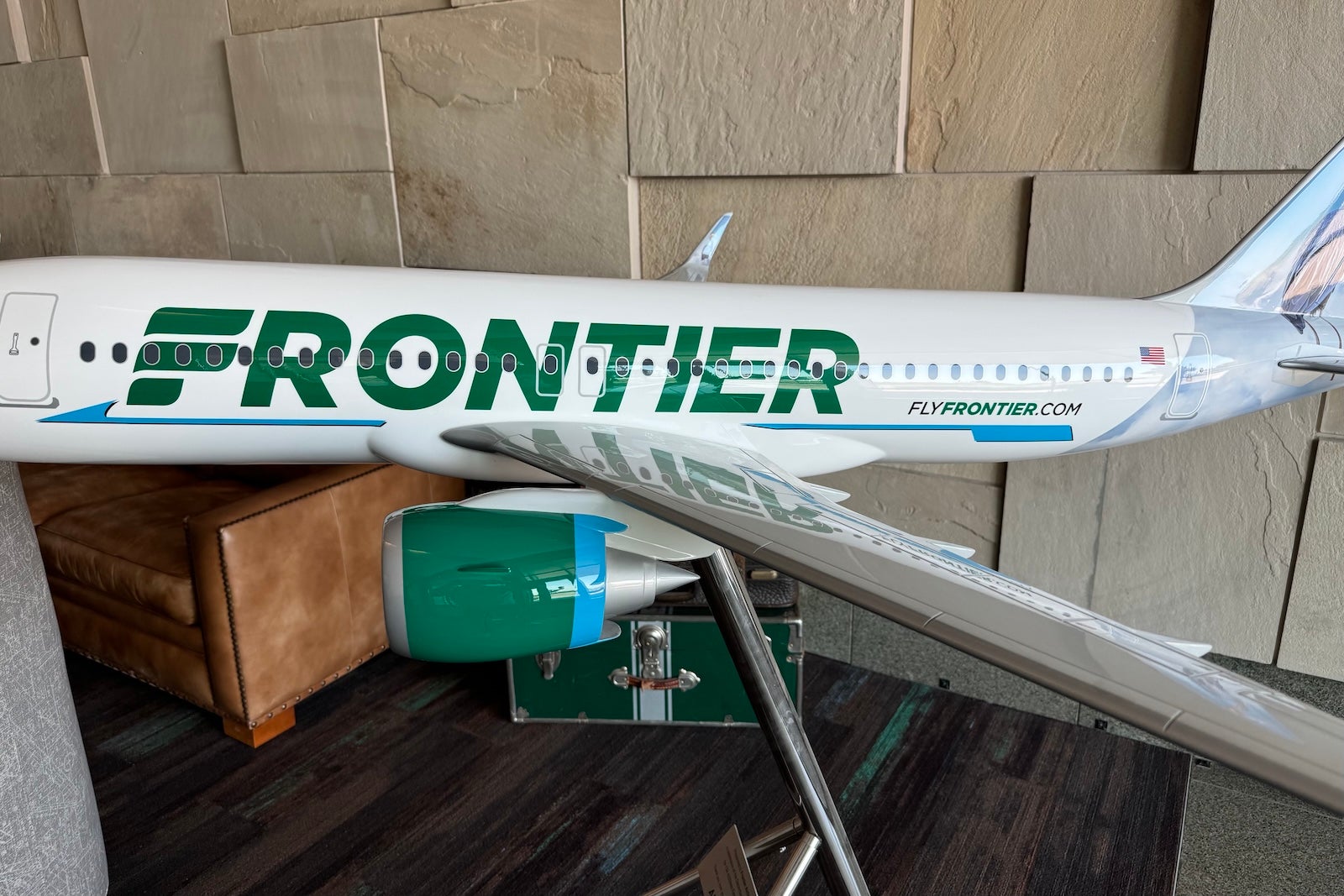 Frontier Airlines model plane at the company's Denver headquarters. 