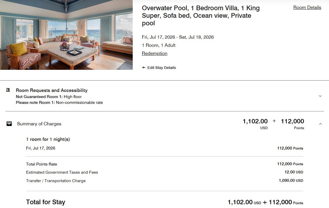 Transfer fees on an award stay at The Halcyon Private Isles Maldives