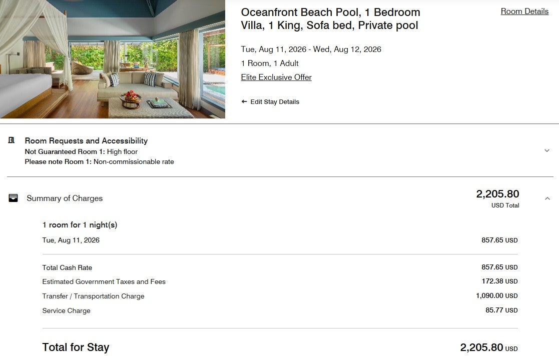 Transfer fees on a paid stay at The Halcyon Private Isles Maldives