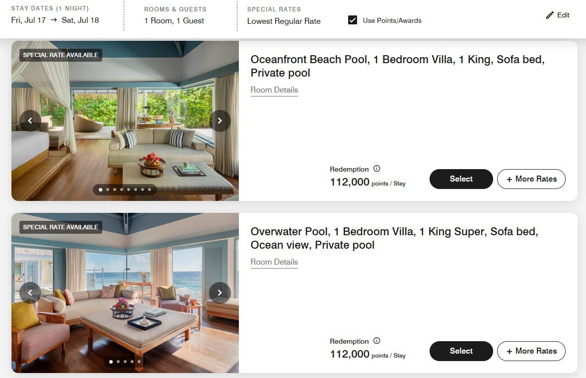 Award pricing at The Halcyon Private Isles Maldives