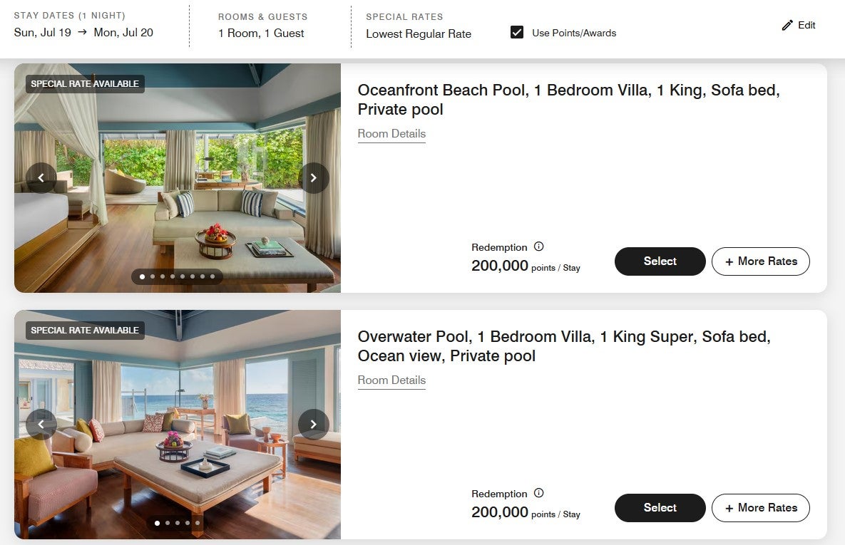 Award pricing at The Halcyon Private Isles Maldives