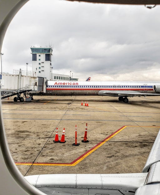 A view of an American Airlines regional jet from the window of another plane