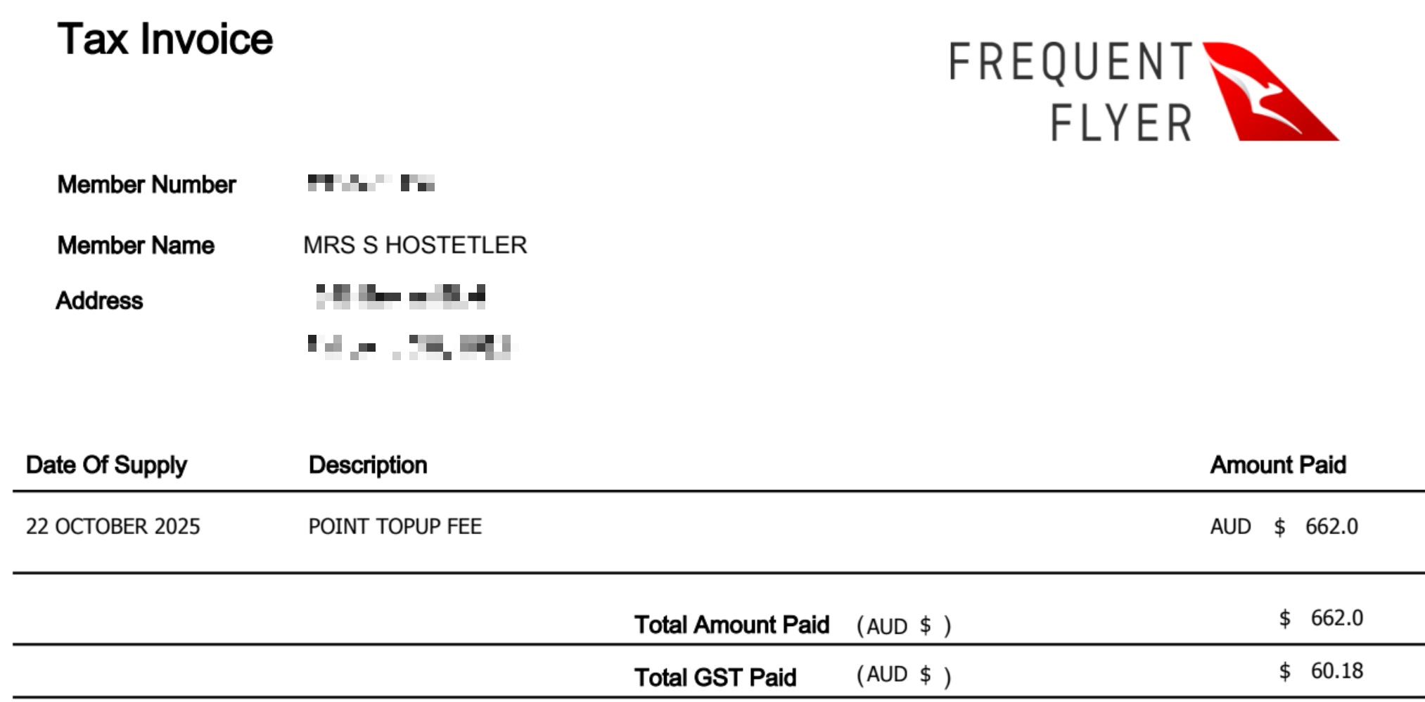 Purchase order of Qantas miles
