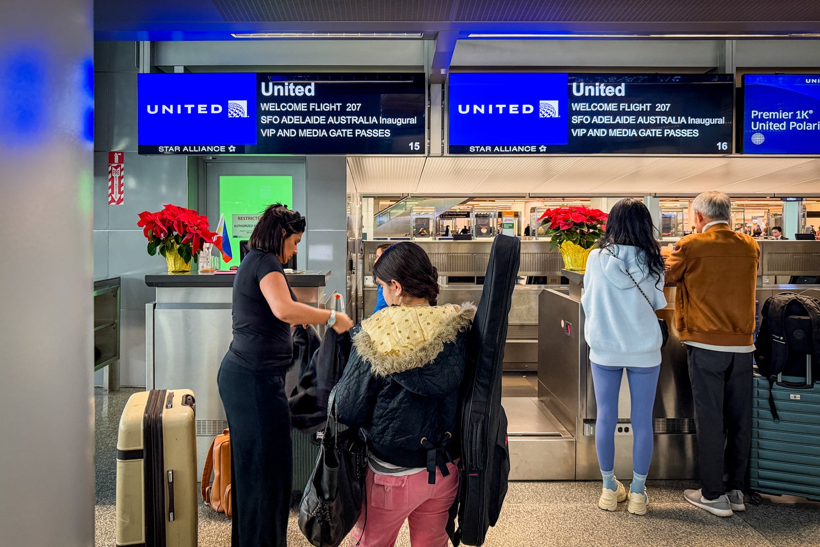 check-in for United's first flight from SFO to Adelaide, Australia.