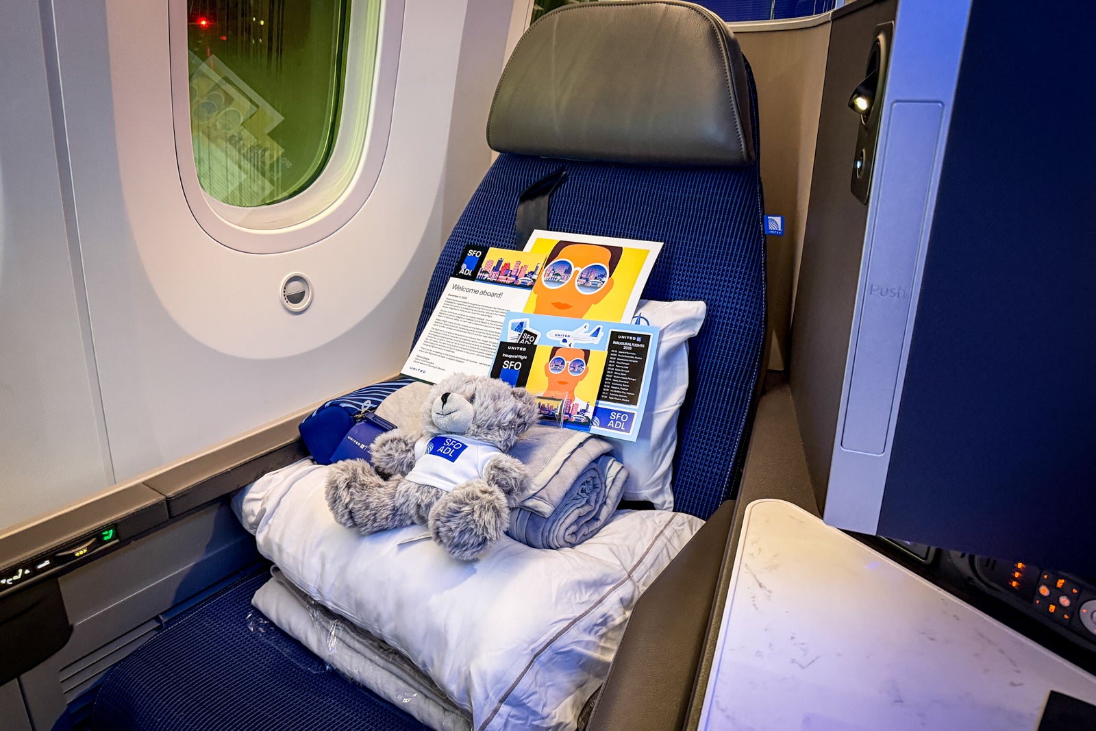 stuff koala bear gift aboard United's inaugural flight from San Francisco to Adelaide, Australia