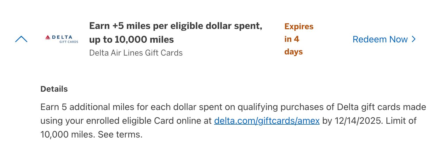 Amex Offer for Delta gift cards.