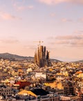 Barcelona cityscape with Sagrada Familia at sunset, aerial view, Catalonia, Spain