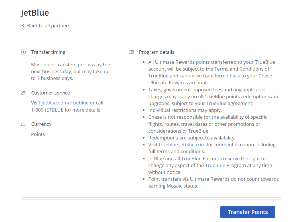 Chase JetBlue transfer fine print