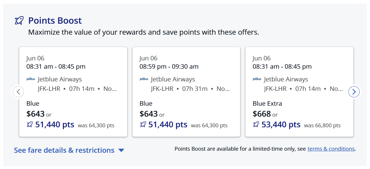 Chase Travel JetBlue JFK-LHR prices Blue