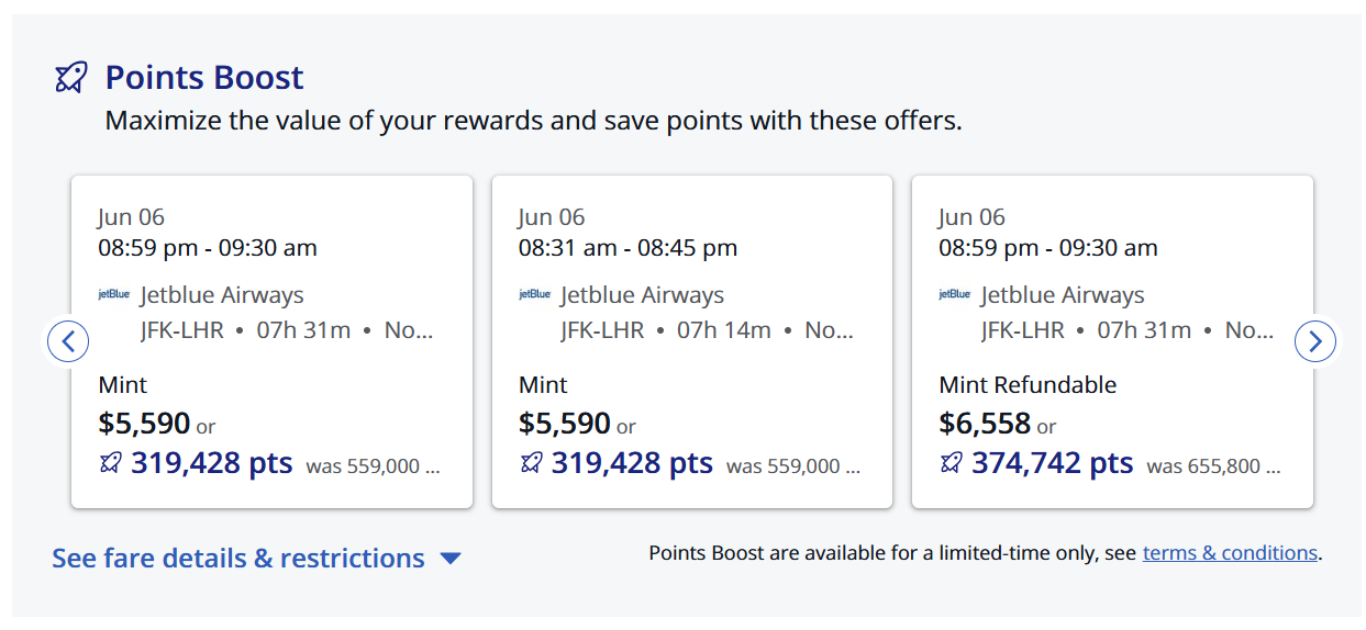 Chase Travel JetBlue JFK-LHR prices Mint
