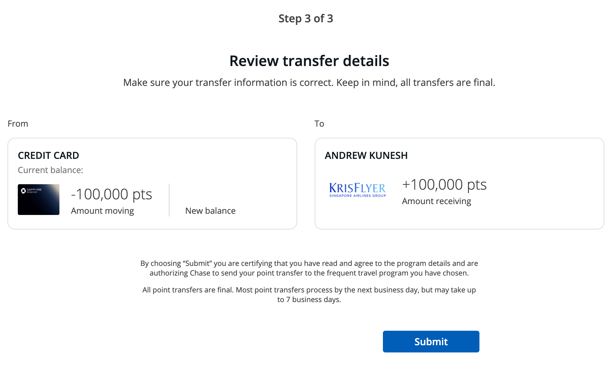 Confirming an Ultimate Rewards transfer