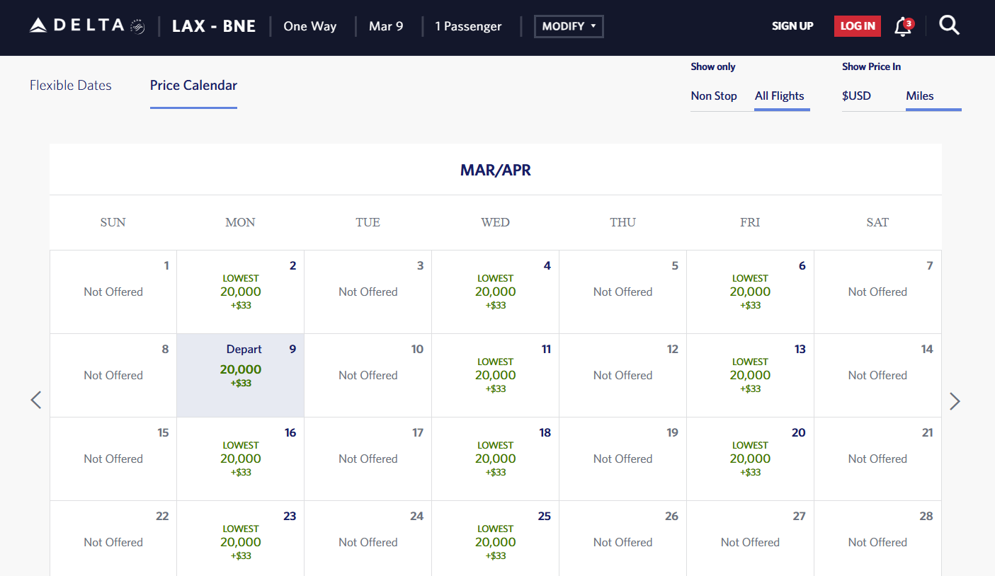 Delta LAX-BNE 20k miles calendar