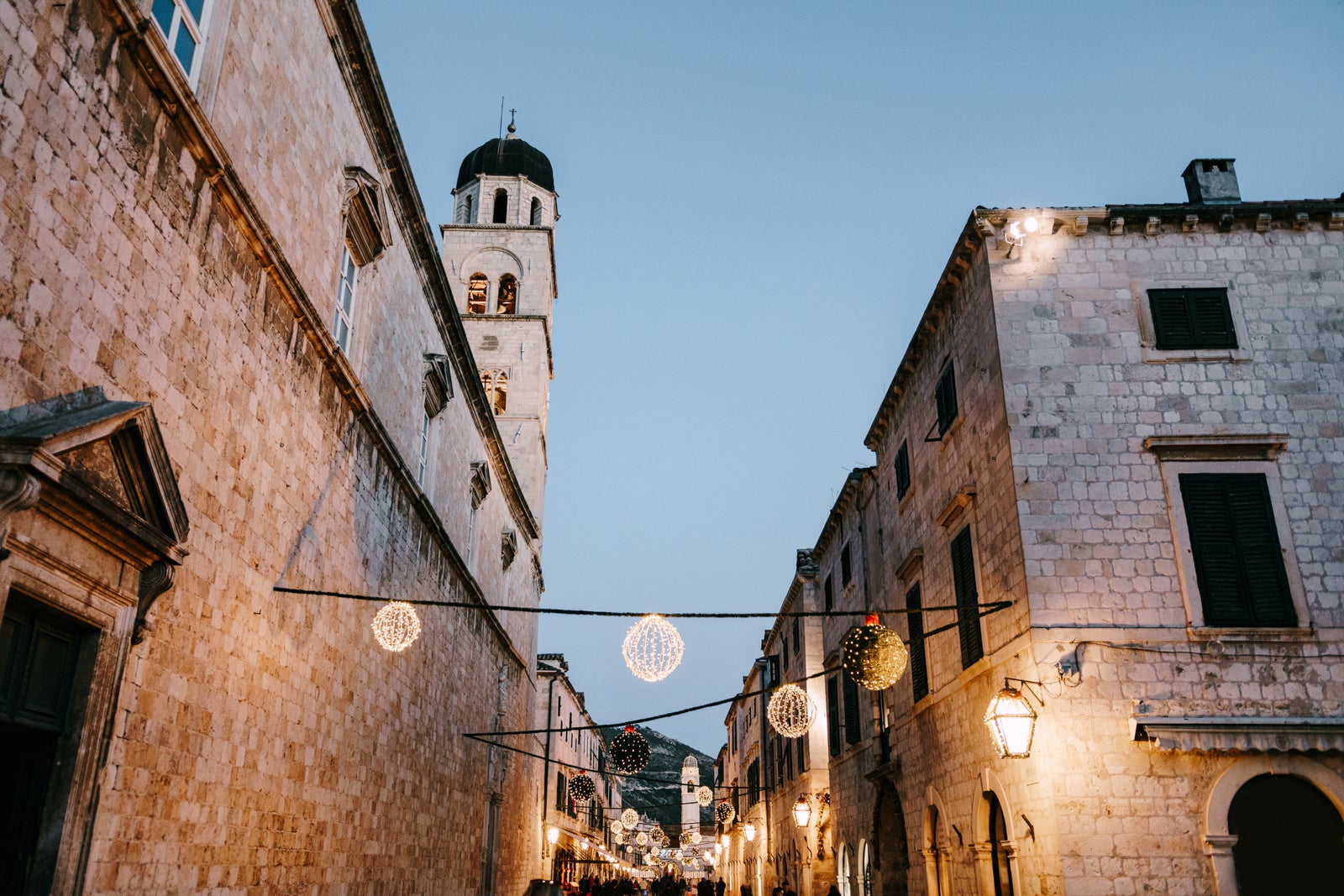 Christmas decorations in the square of the old town of Dubrovnik in Croatia on New Year's Day.