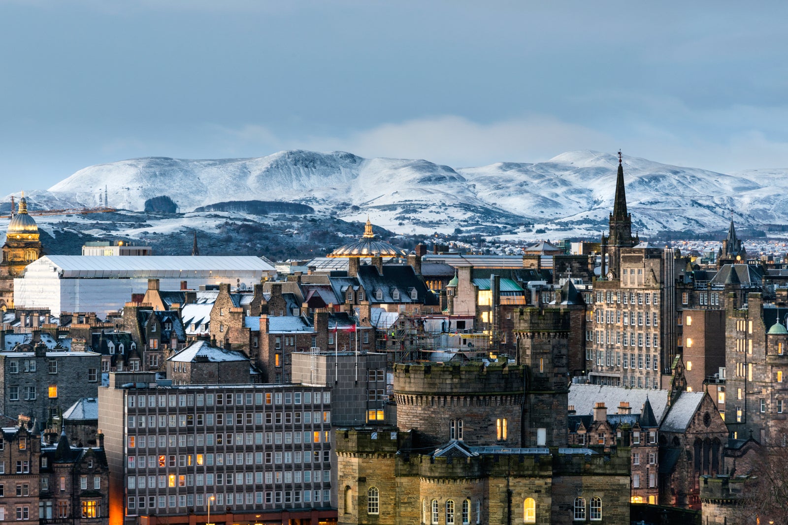 The Pentland Hills in Edinburgh covered in snow looking across the city