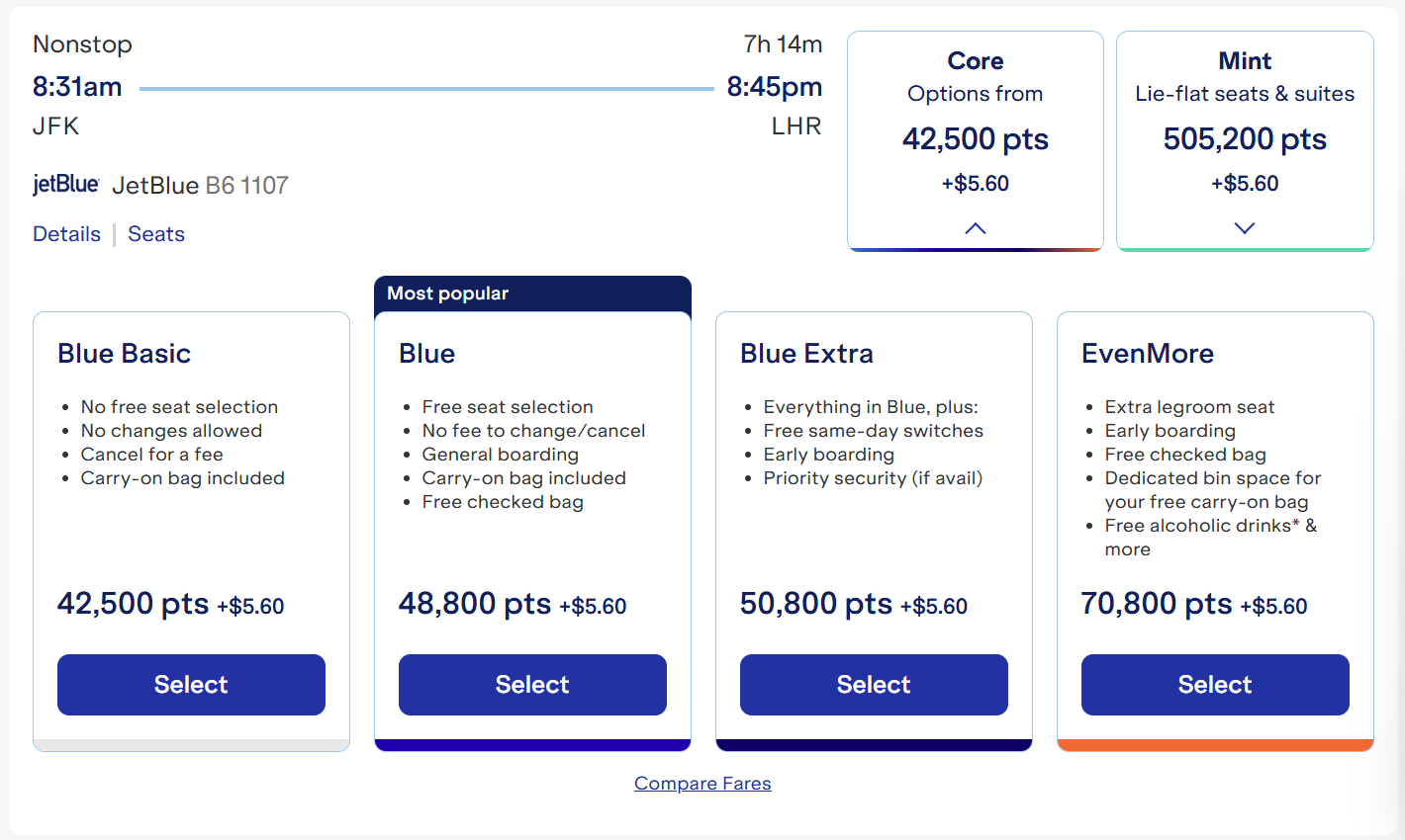 JetBlue JFK-LHR points prices