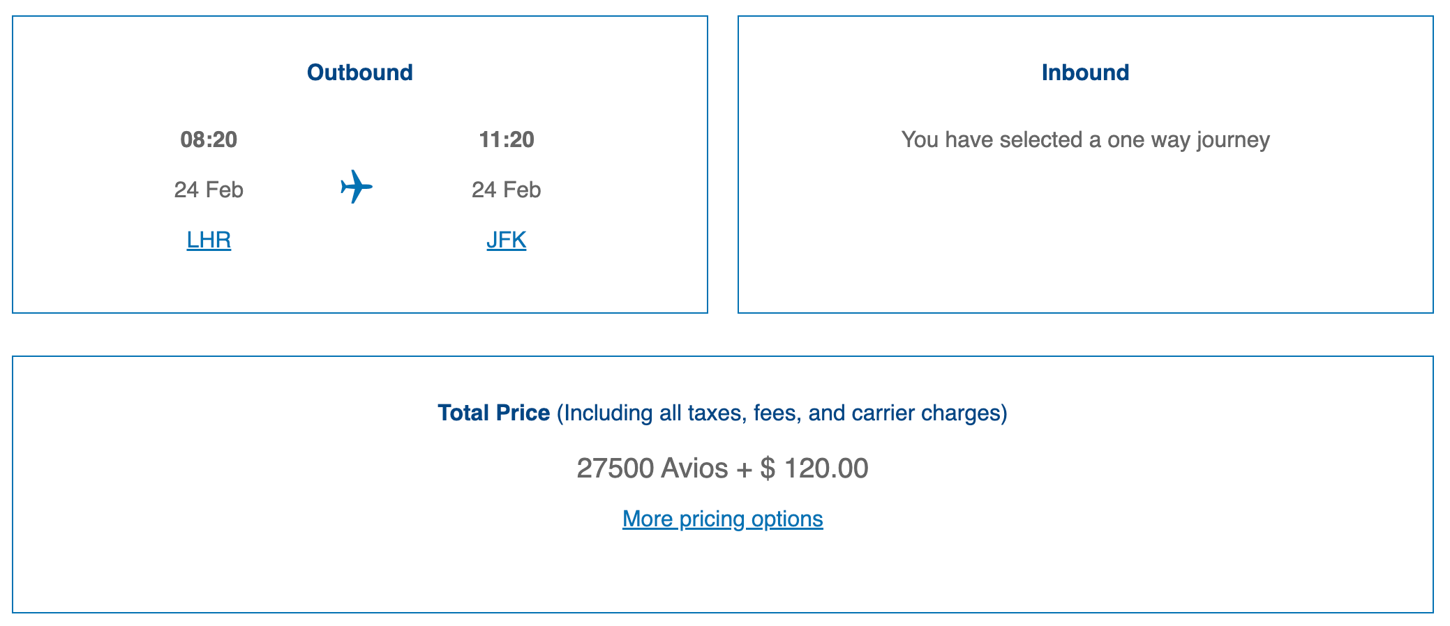 LHR JFK Avios Award Ticket in Economy
