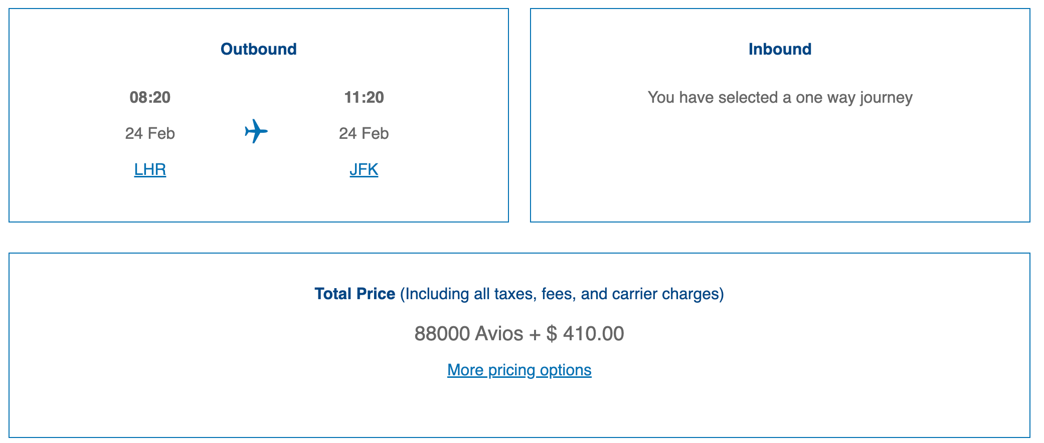 LHR to JFK Avios Award Ticket