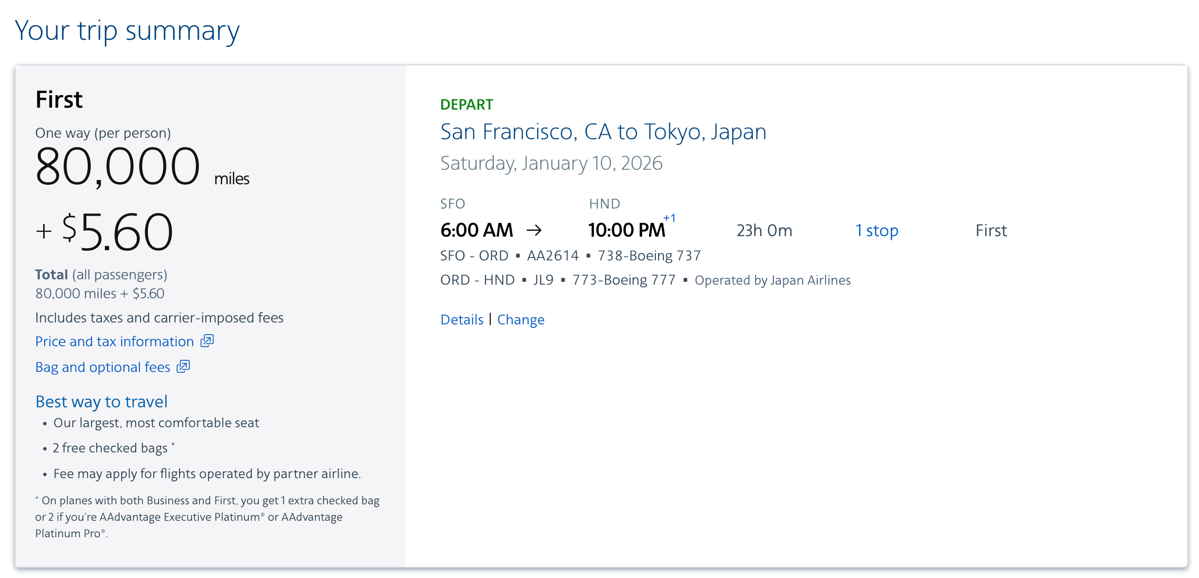 A one-way flight from San Francisco to Tokyo for just 80,000 AA miles and $5.60 in taxes and fees