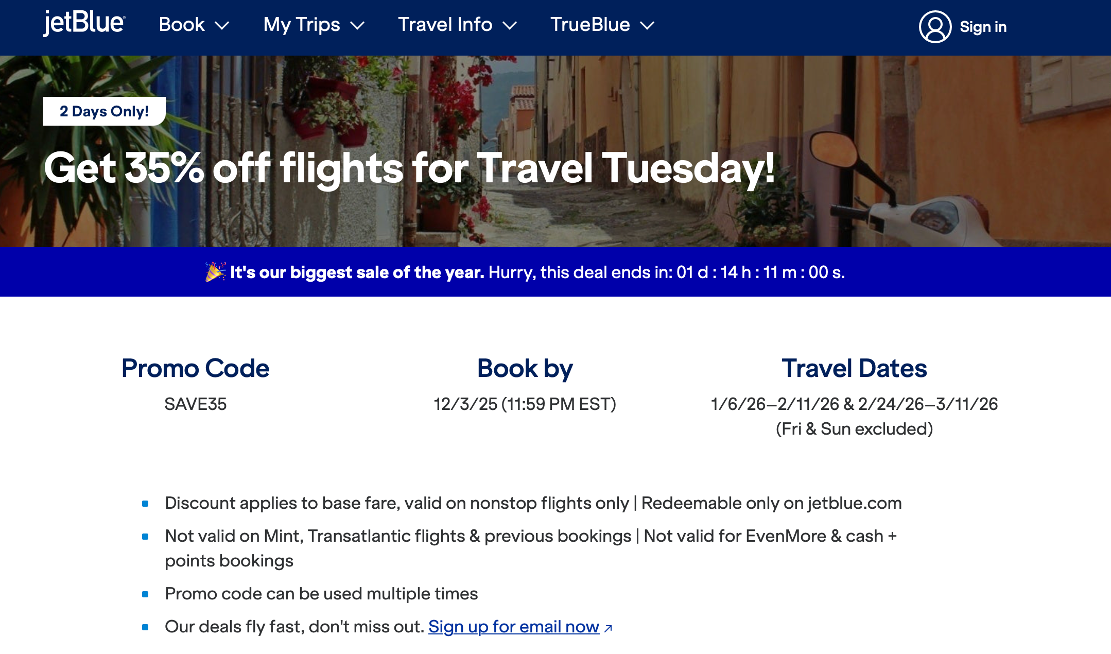 JetBlue Travel Tuesday sale landing page.