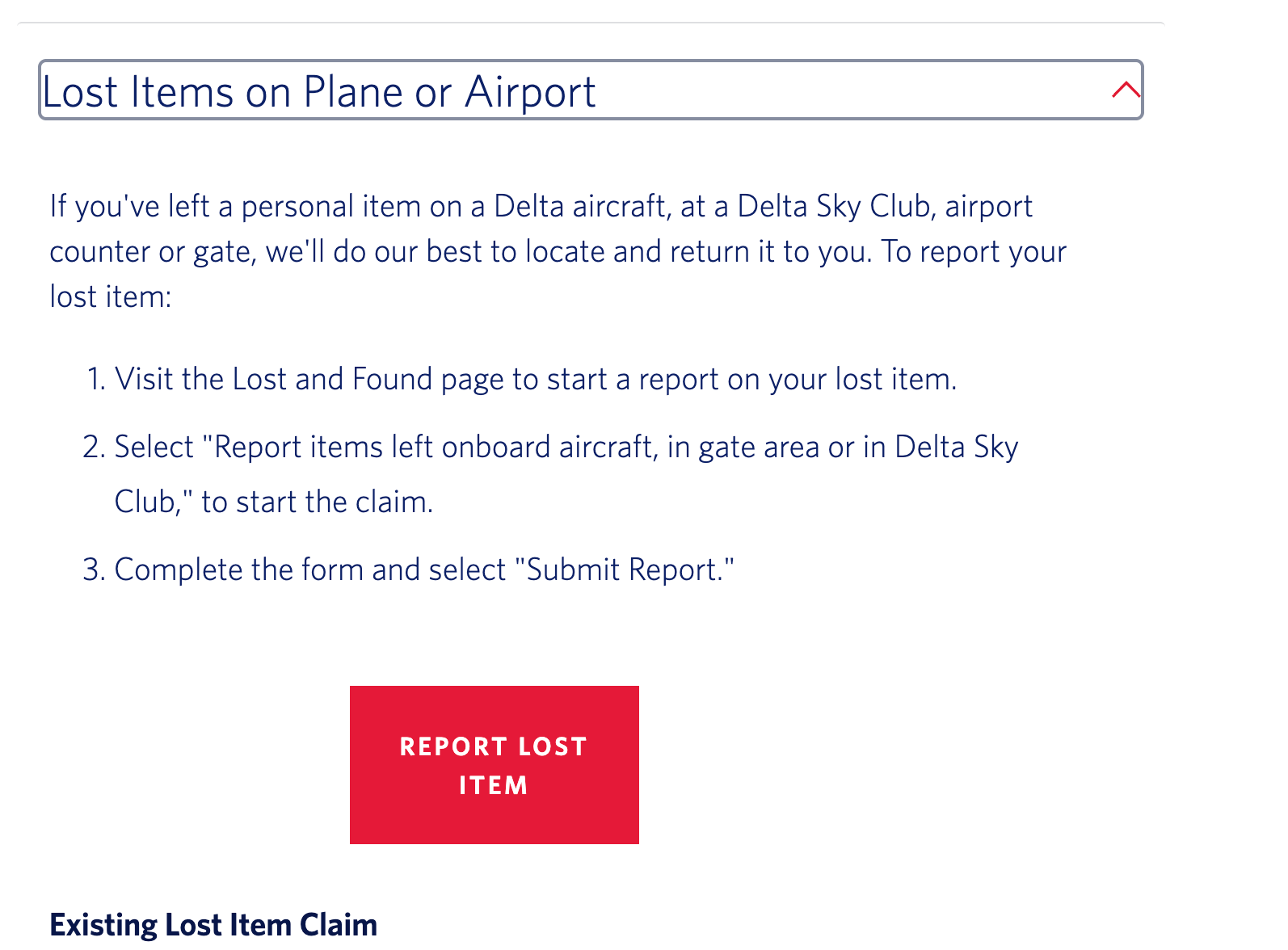 Delta Air Lines lost item reporting page