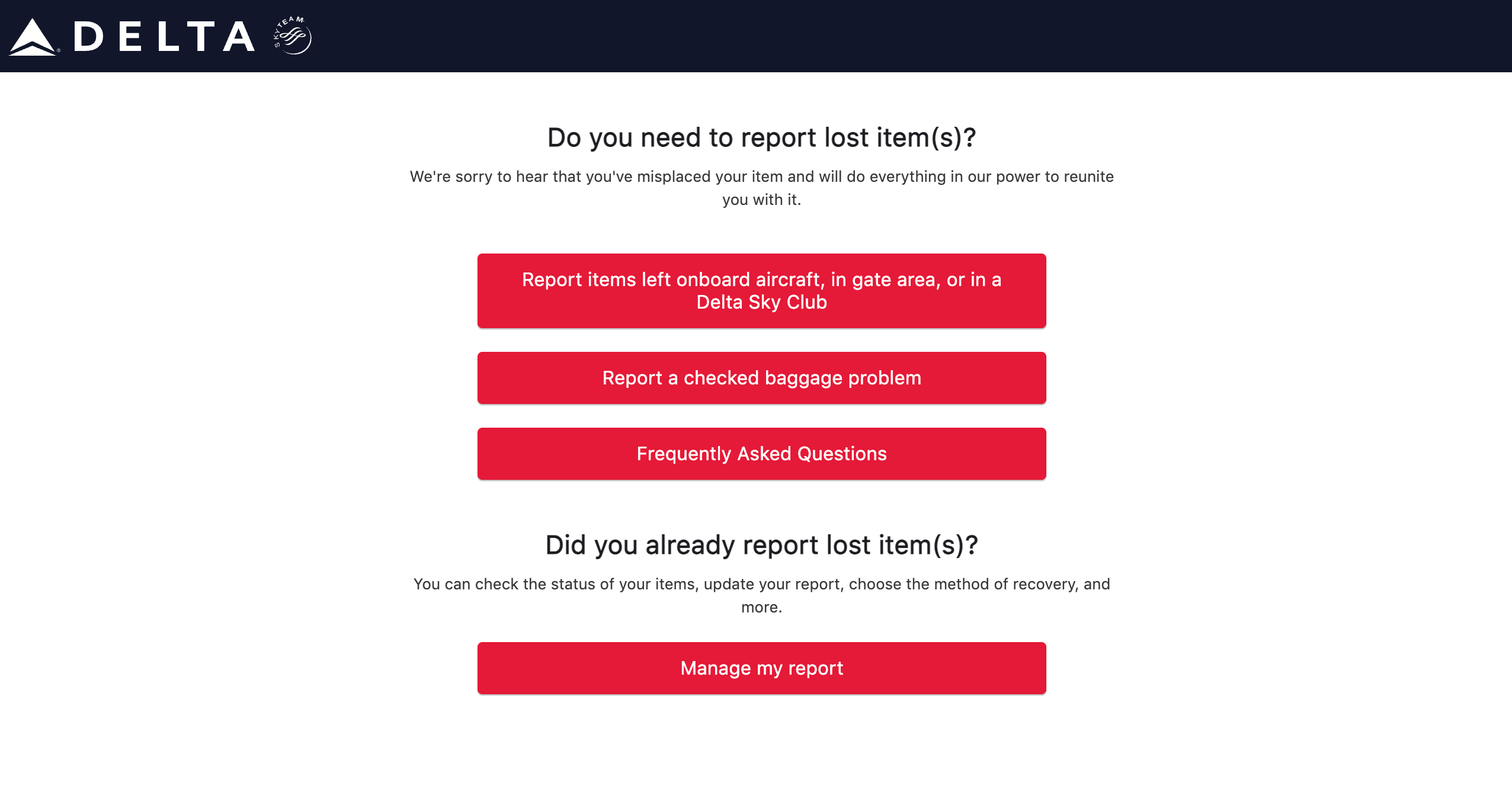 Delta Air Lines lost item reporting page