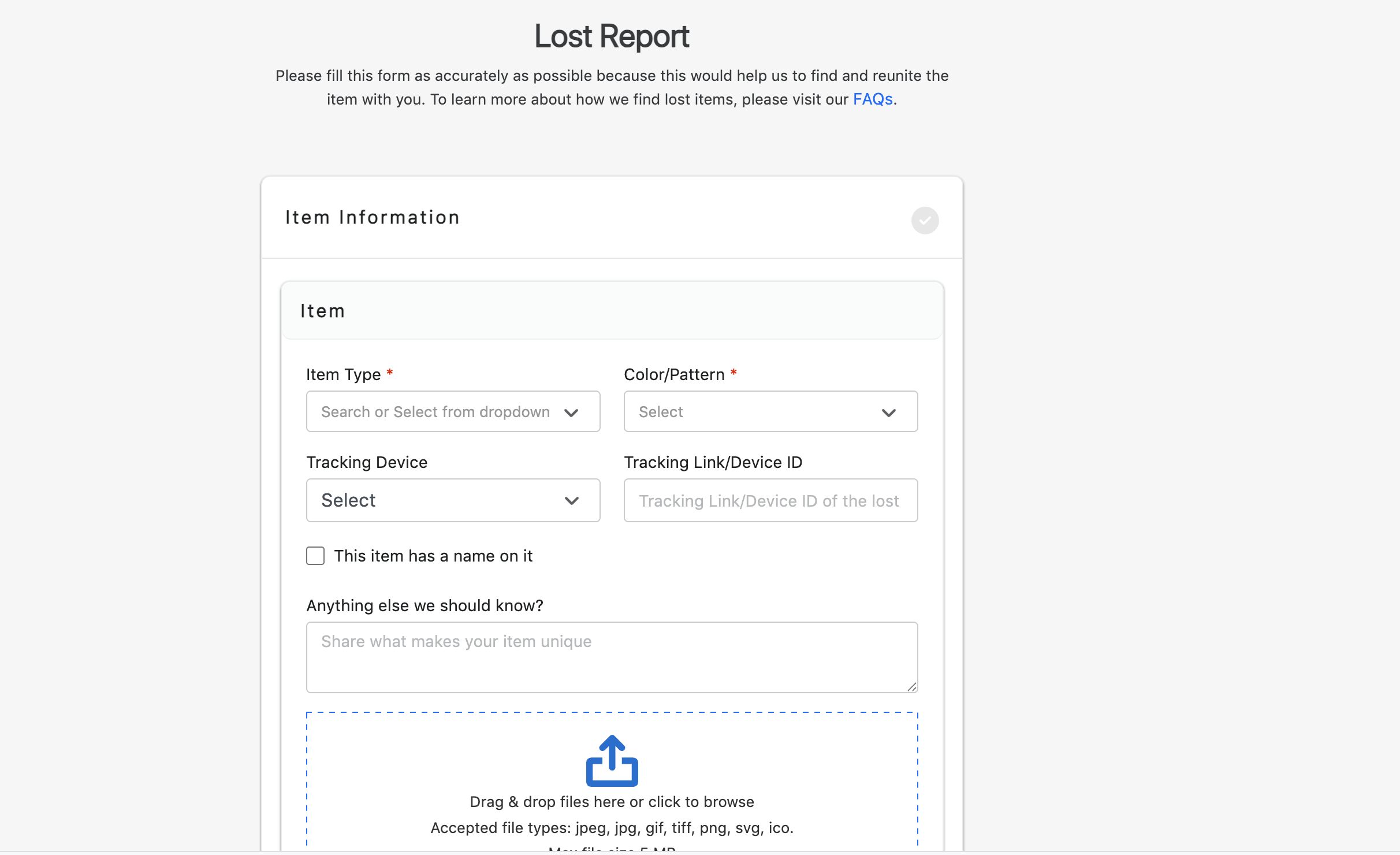 Delta Air Lines lost item reporting page