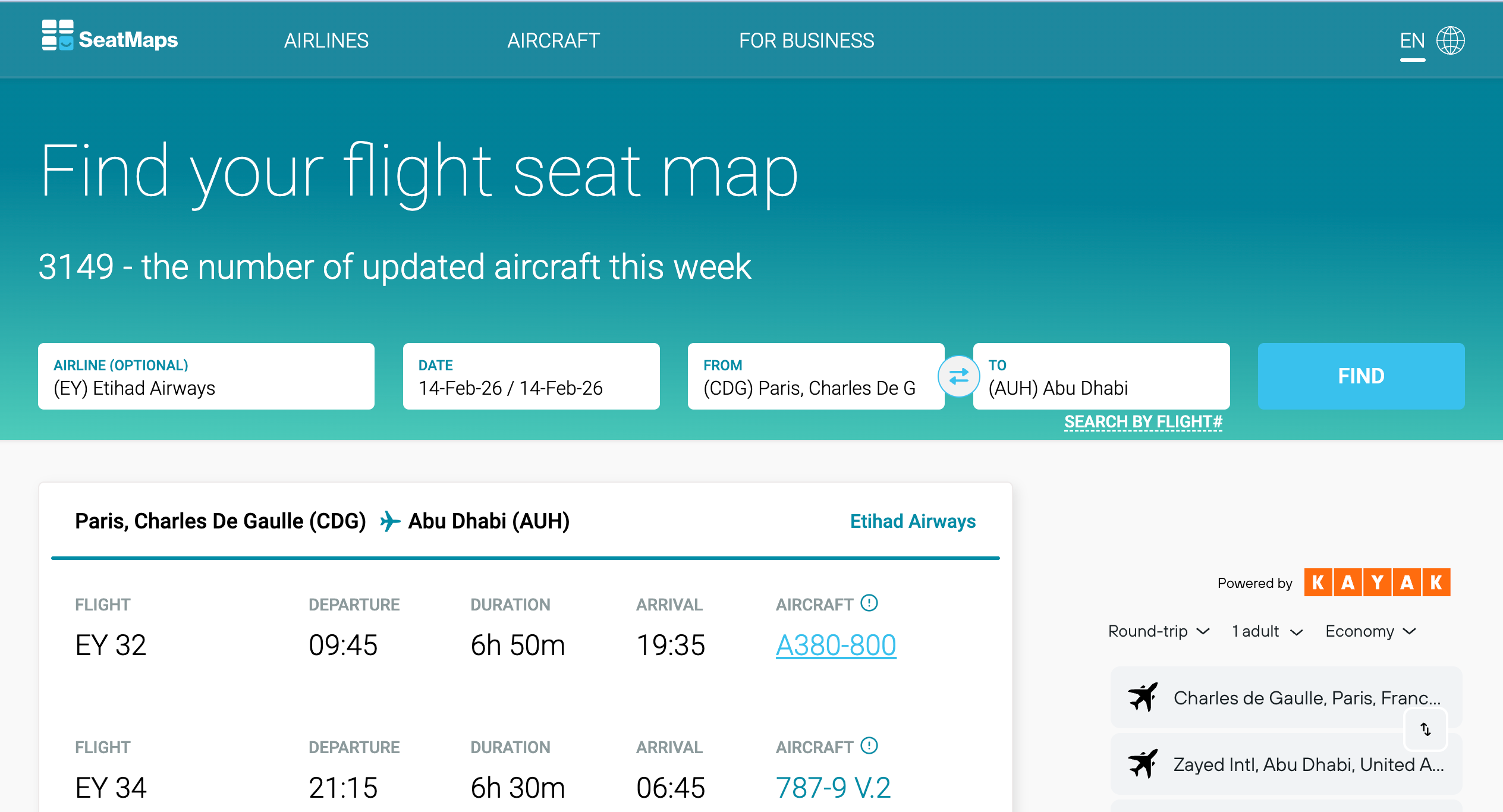 Seatmaps.com search for an Airbus A380 on Etihad. SEATMAPS.COM