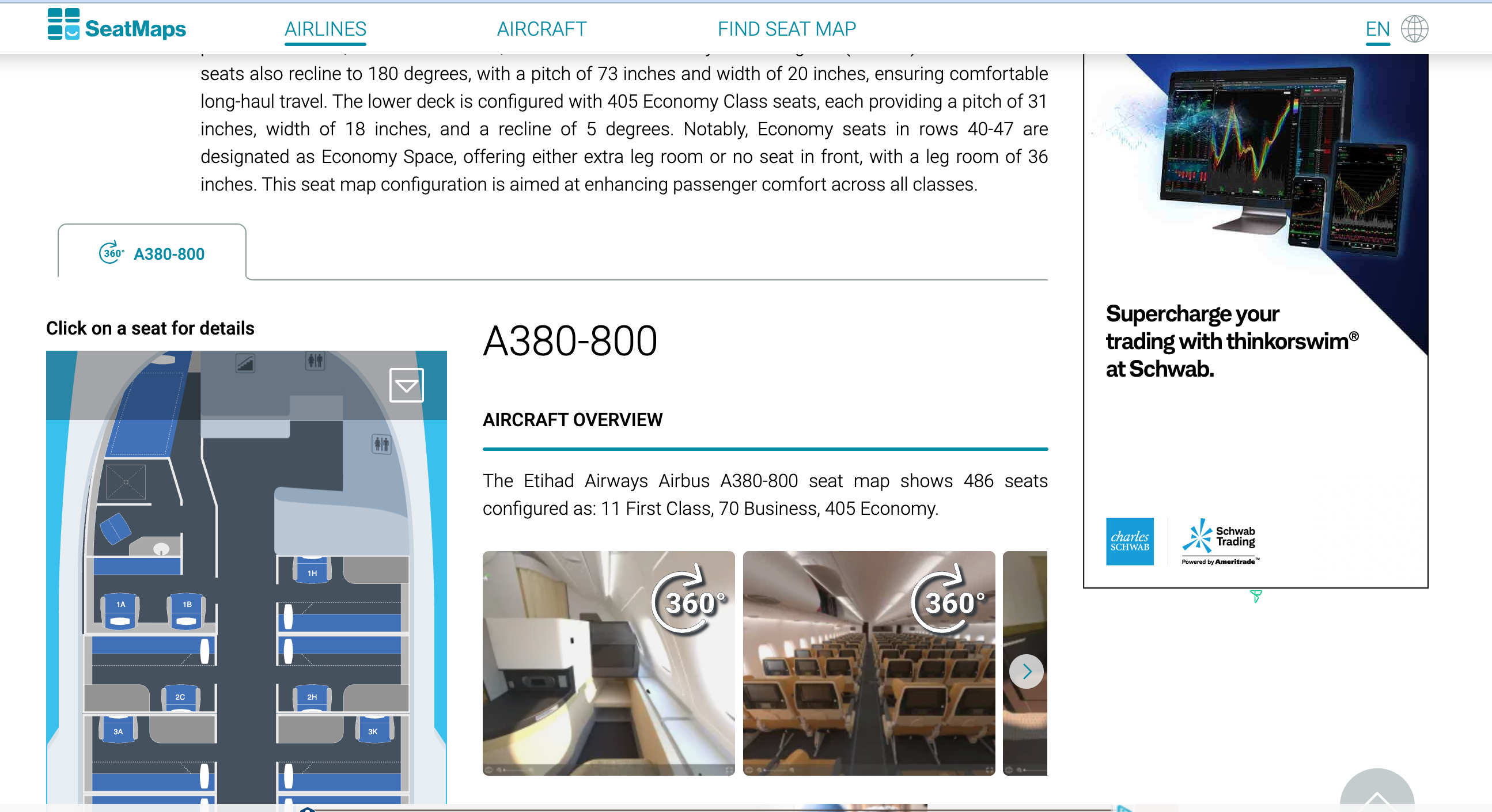 Seatmaps.com search for an Airbus A380 on Etihad. SEATMAPS.COM