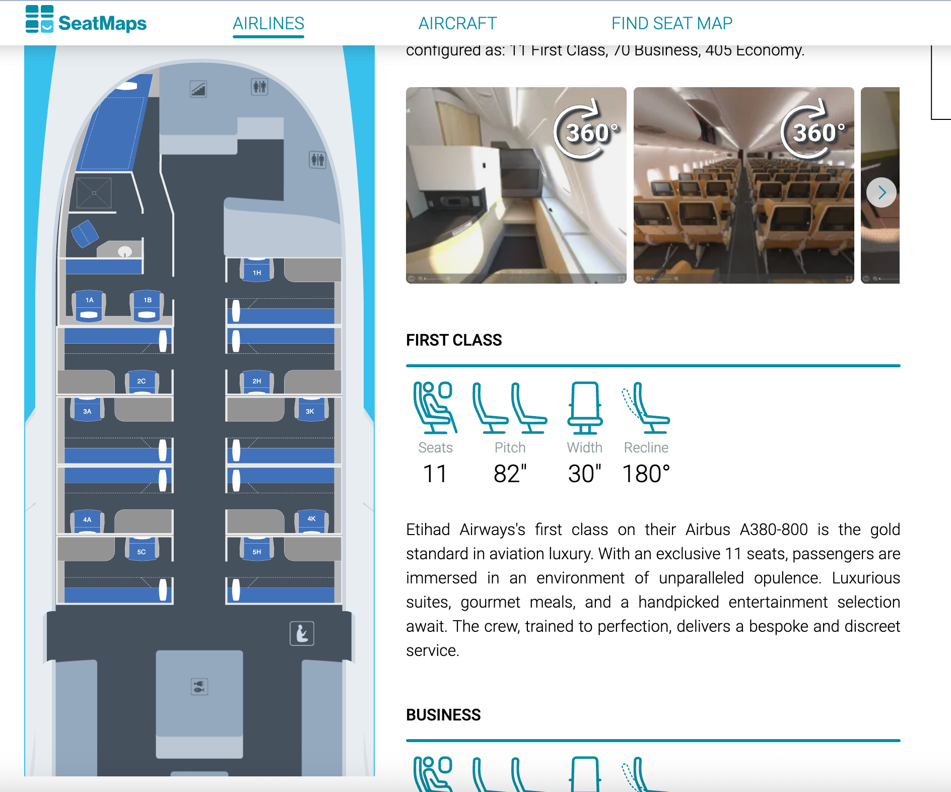 Seatmaps.com search for an Airbus A380 on Etihad. SEATMAPS.COM