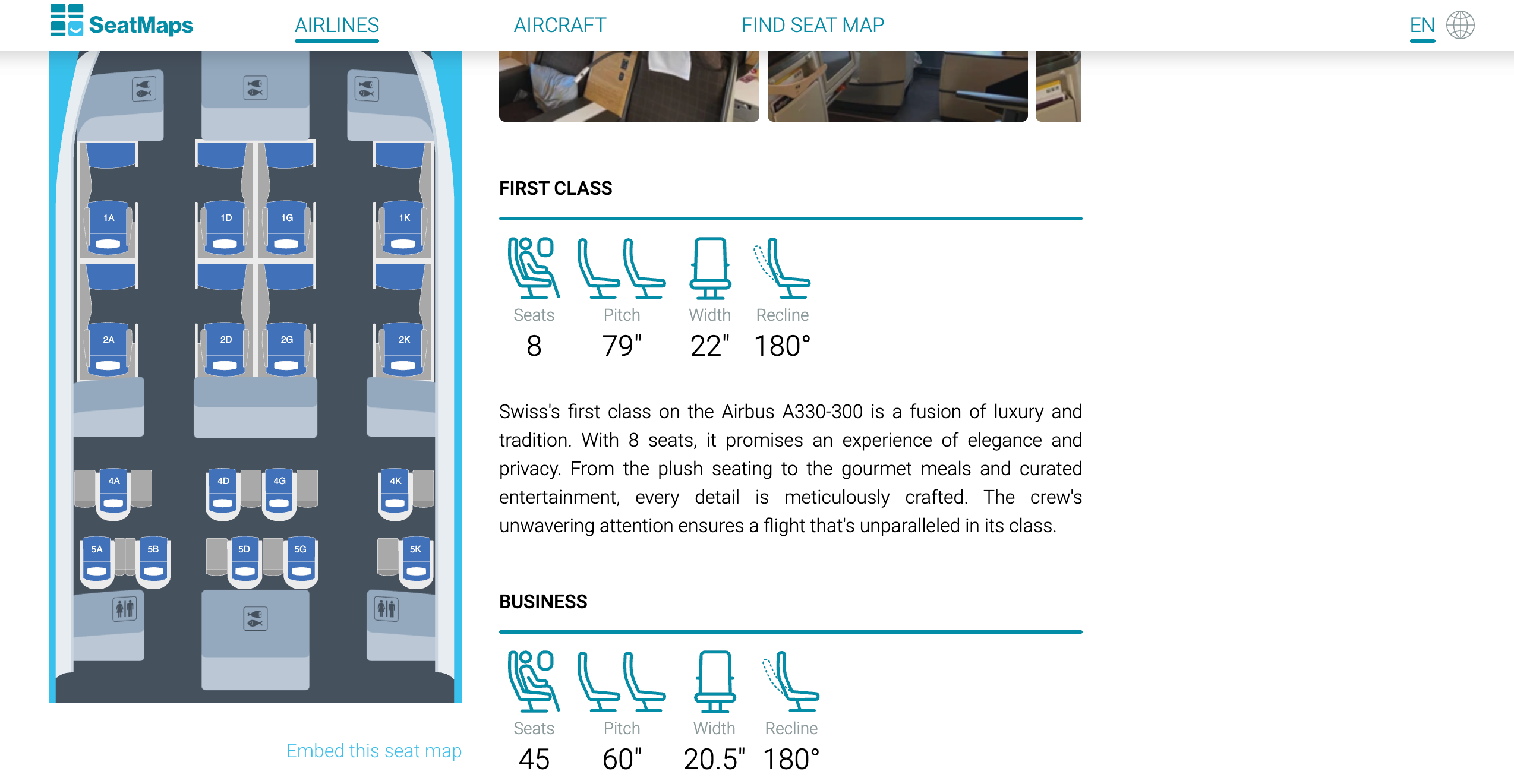 Seat details on a Swiss Air A330 plane.