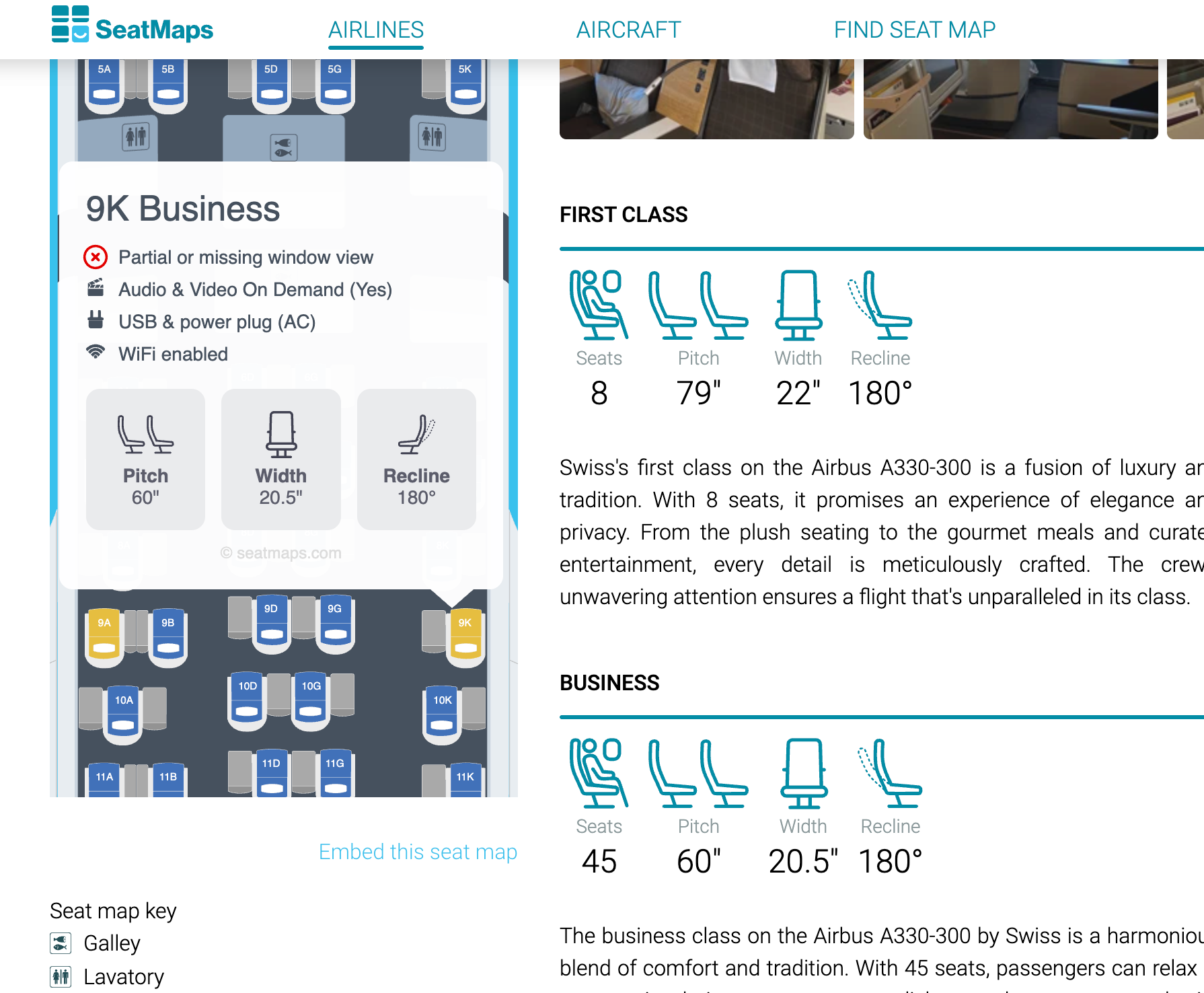 Seat details on a Swiss Air A330 plane. 