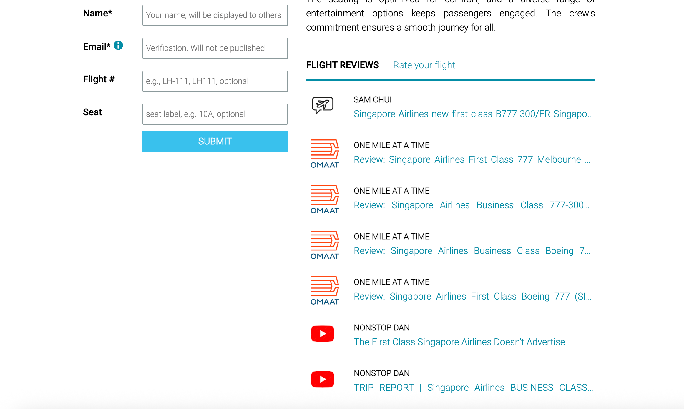 Link to reviews of various cabins and seat products.