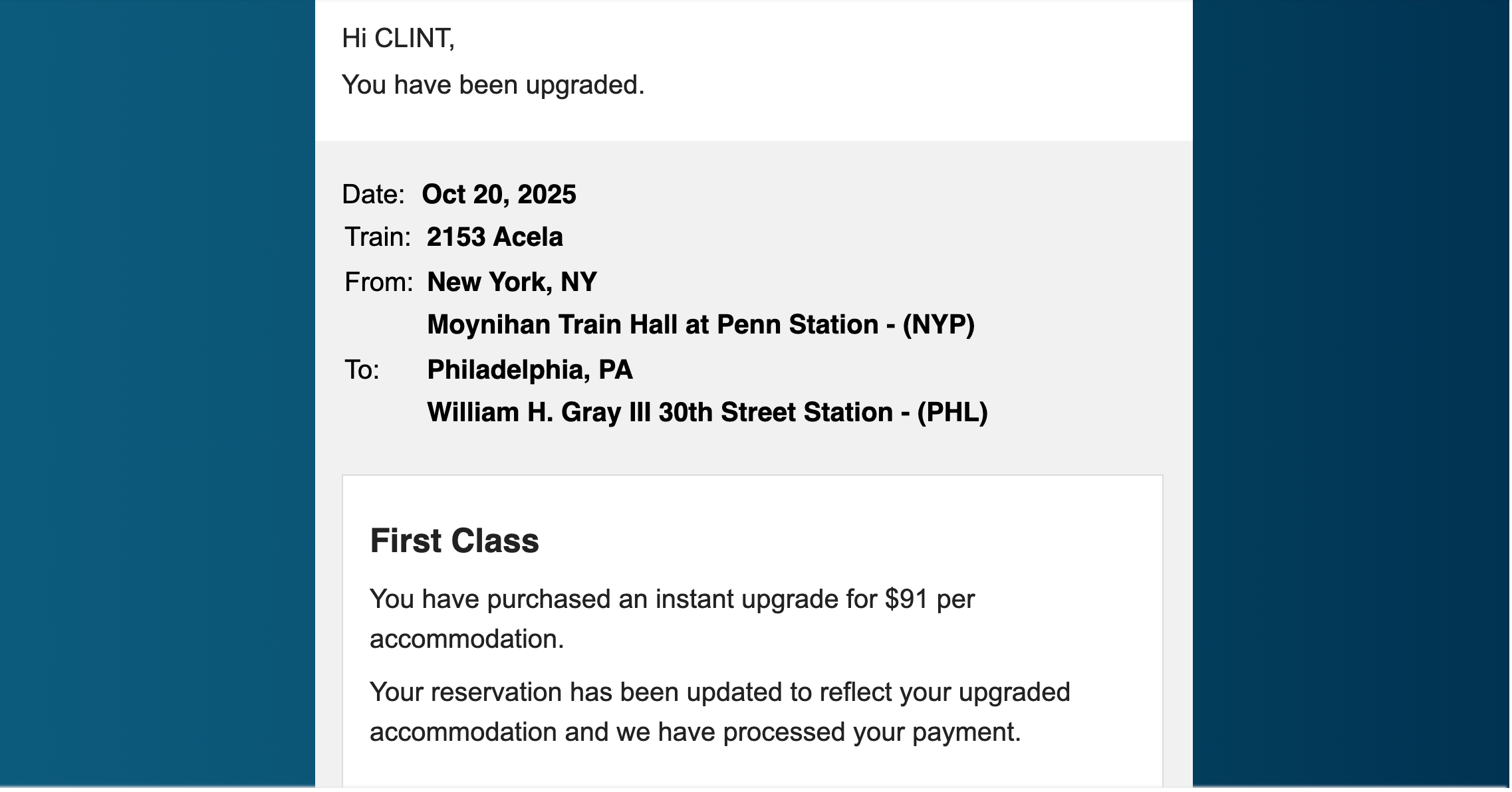 Amtrak email confirming a purchased upgrade. 