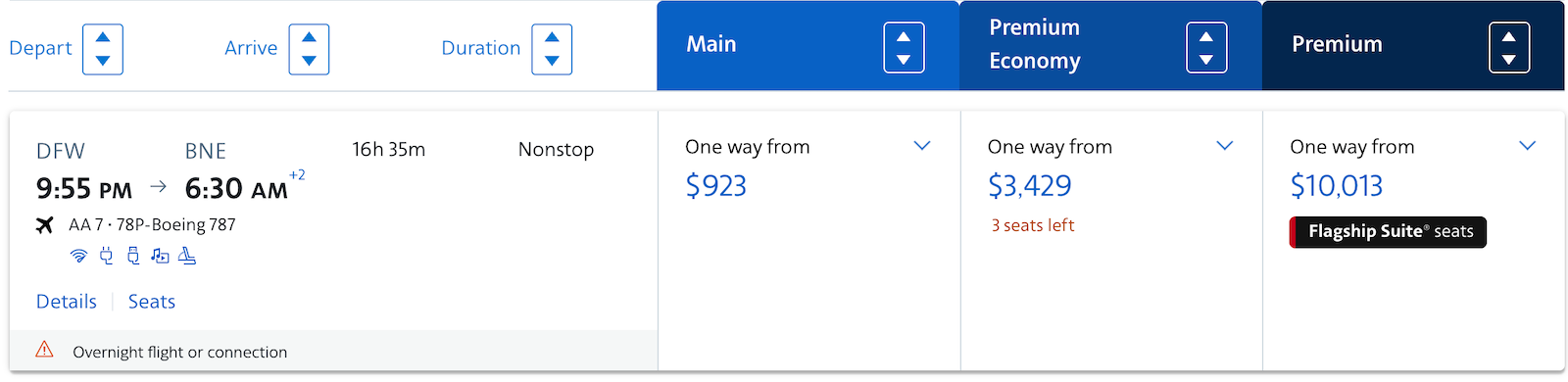 screenshot from American Airlines