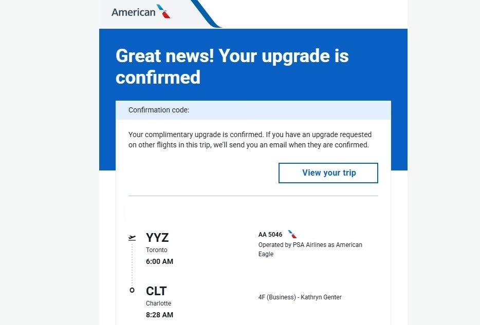 Email from American AAdvantage about an upgrade