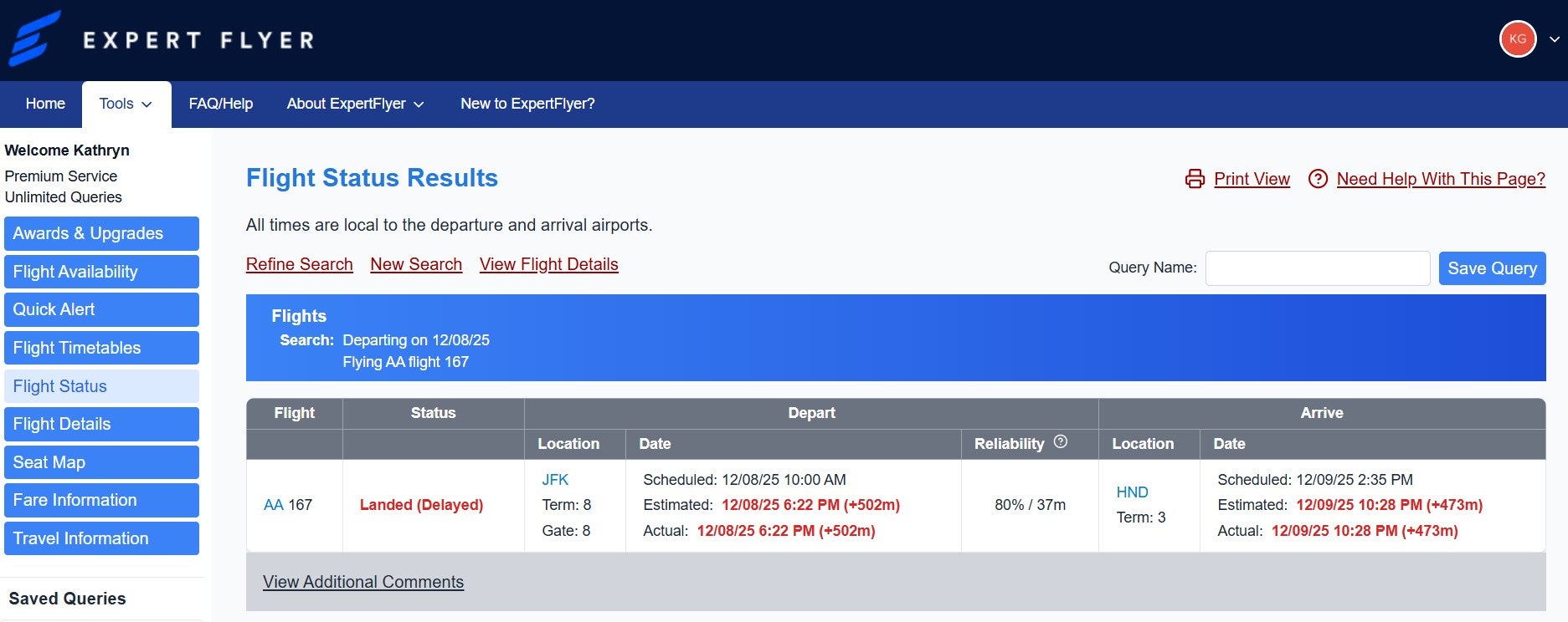 Using ExpertFlyer to see flight delay or cancellation reasons
