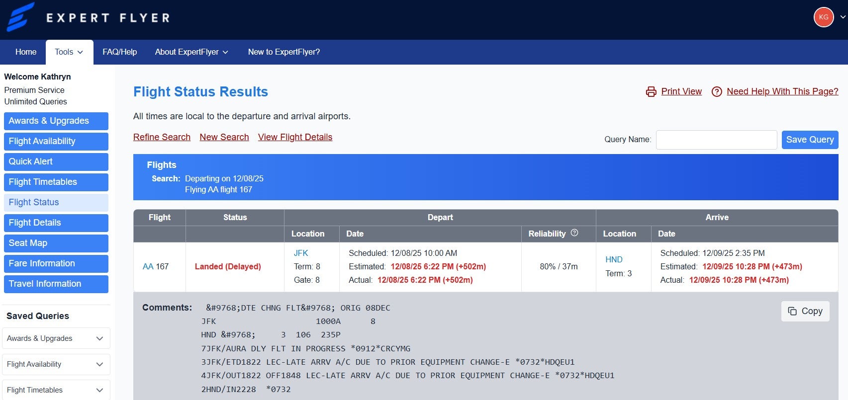 Using ExpertFlyer to see flight delay or cancellation reasons