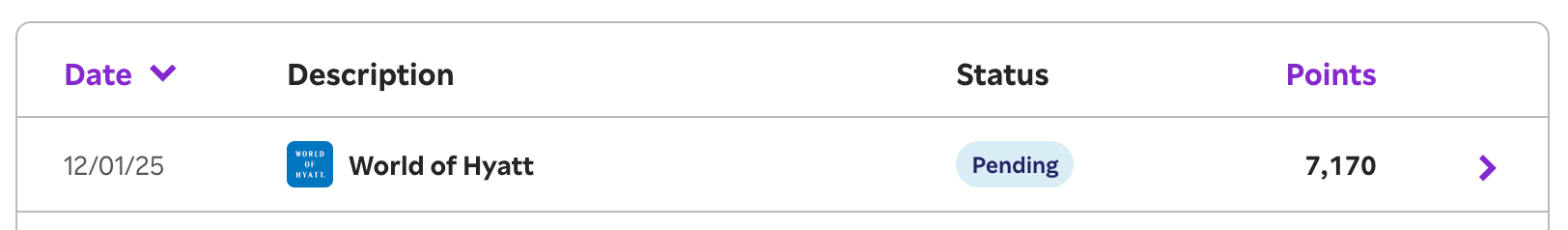 screenshot showing pending Rakuten points for a Hyatt stay